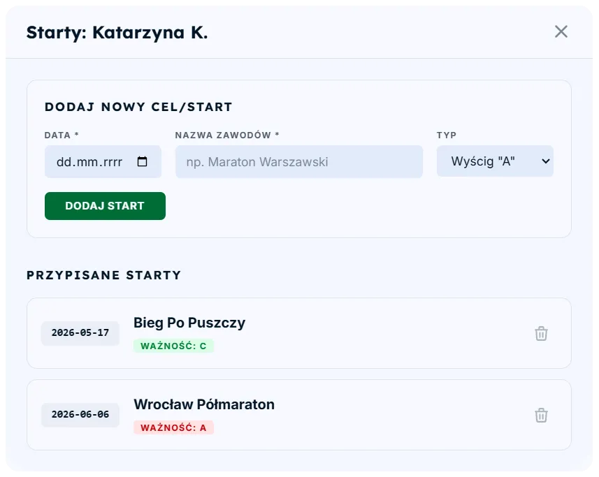 Zarządzanie startami